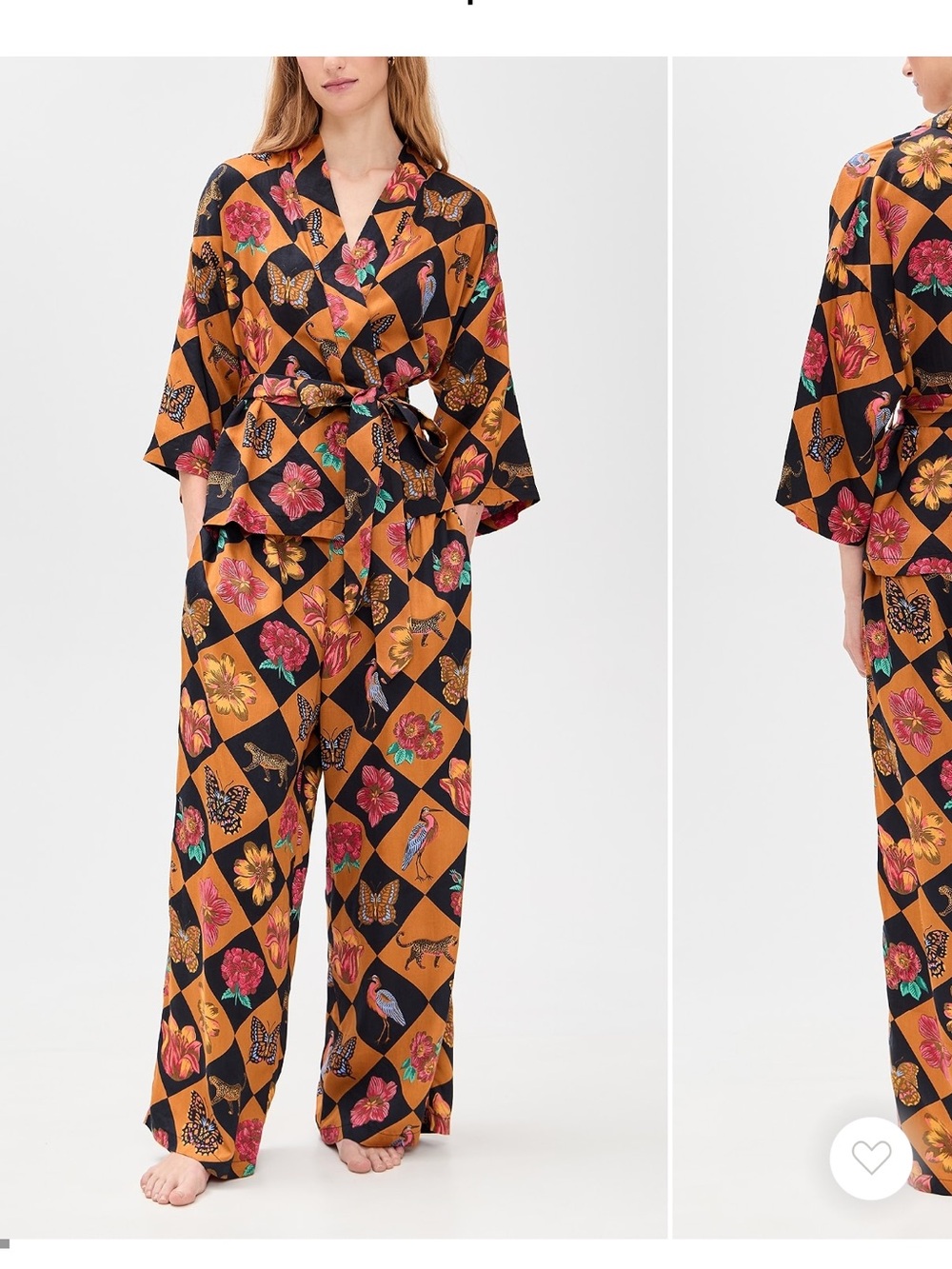 Printfresh Black & Mustard Floral and Butterfly Satin Kimono Pajama Set